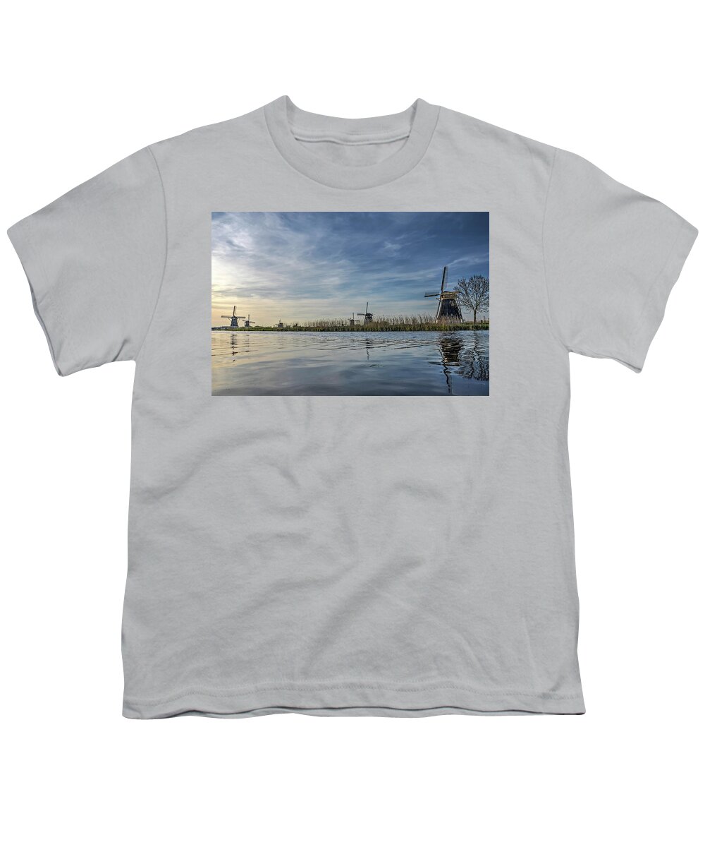 Kinderdijk Youth T-Shirt featuring the photograph Windmill Reflecting in Kinderdijk Canal by Frans Blok