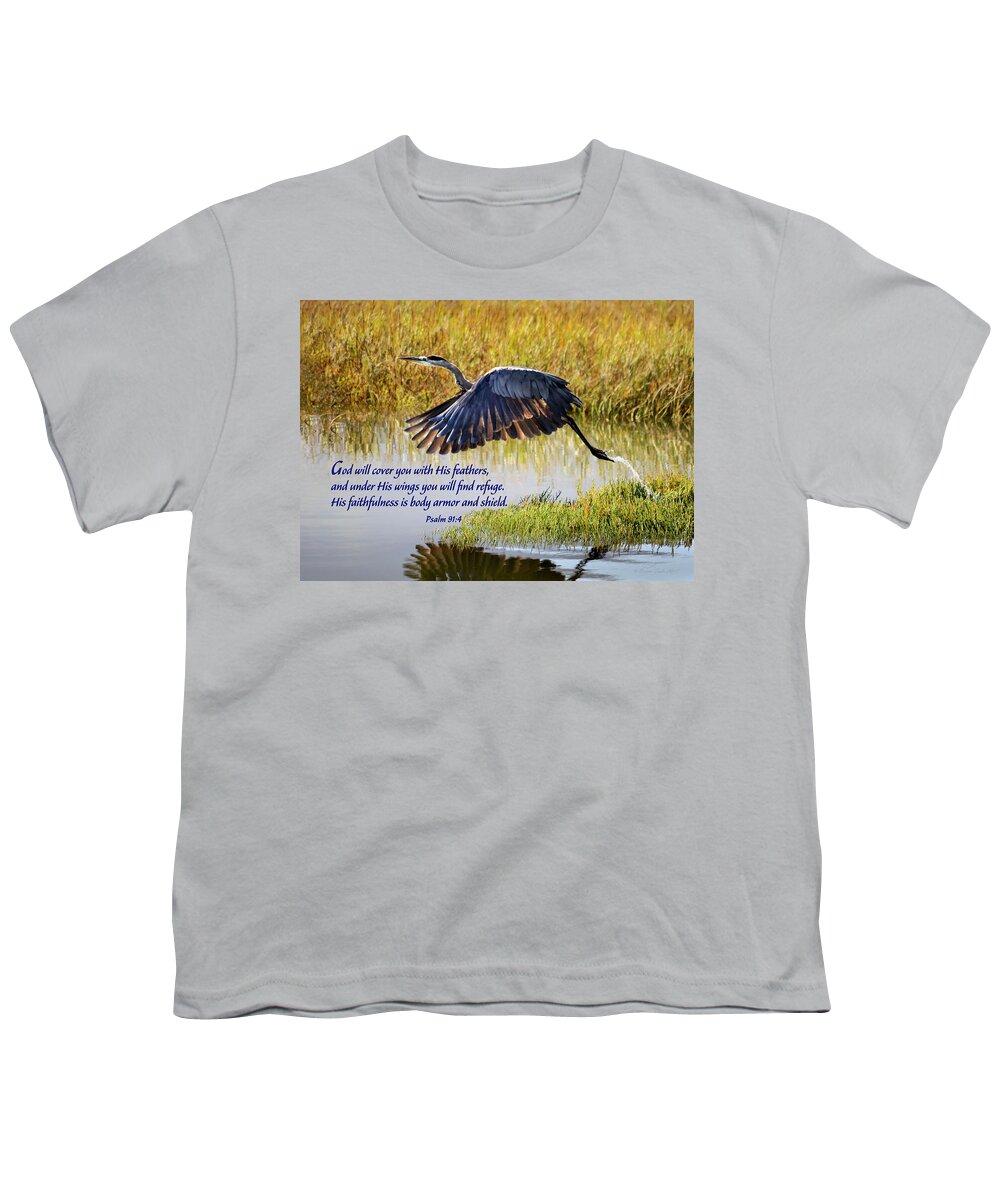 Inspirational Youth T-Shirt featuring the photograph Wings of Refuge with Scripture by Brian Tada
