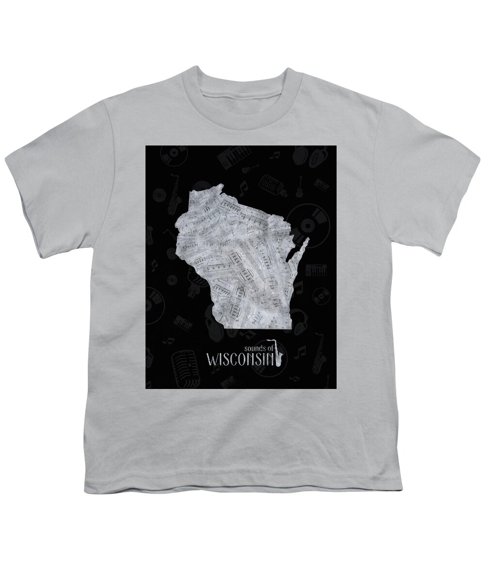 Wisconsin Youth T-Shirt featuring the digital art Wisconsin Map Music Notes 2 by Bekim M