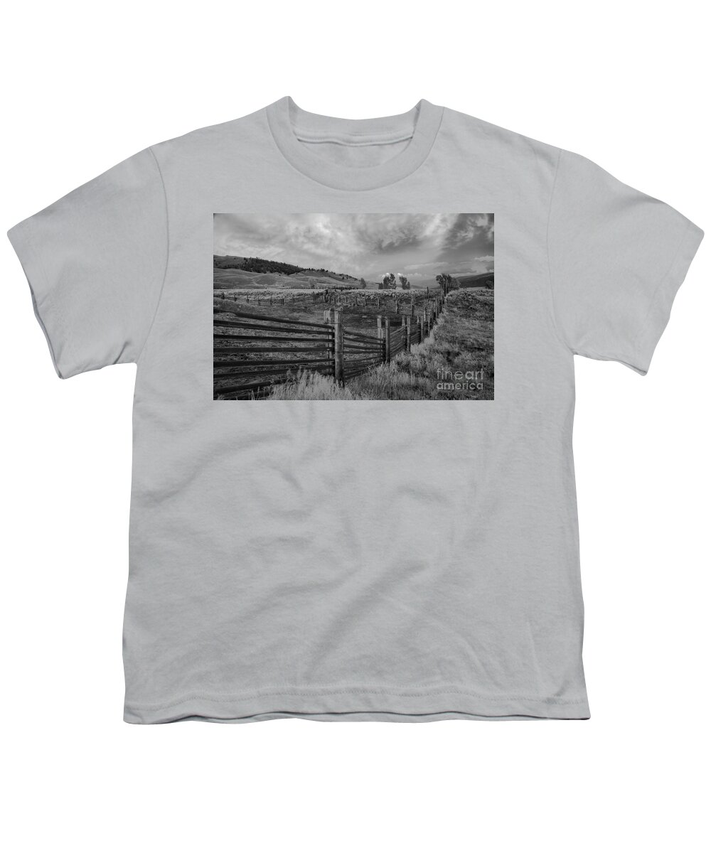  Youth T-Shirt featuring the photograph Yellowstone Lamar Ranch Sunset Black And White by Adam Jewell