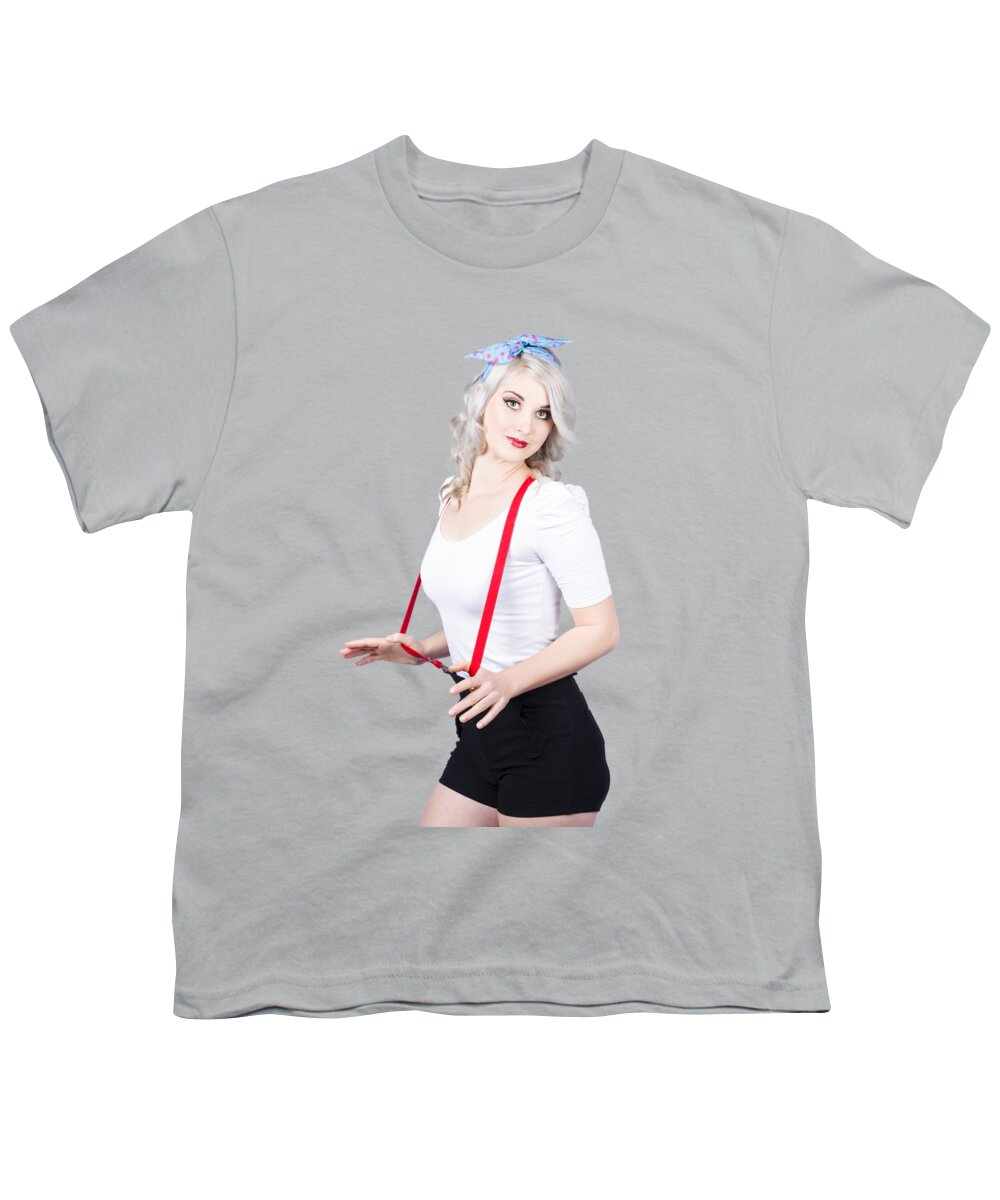 Pin Youth T-Shirt featuring the photograph Young beautiful caucasian woman in retro styling by Jorgo Photography