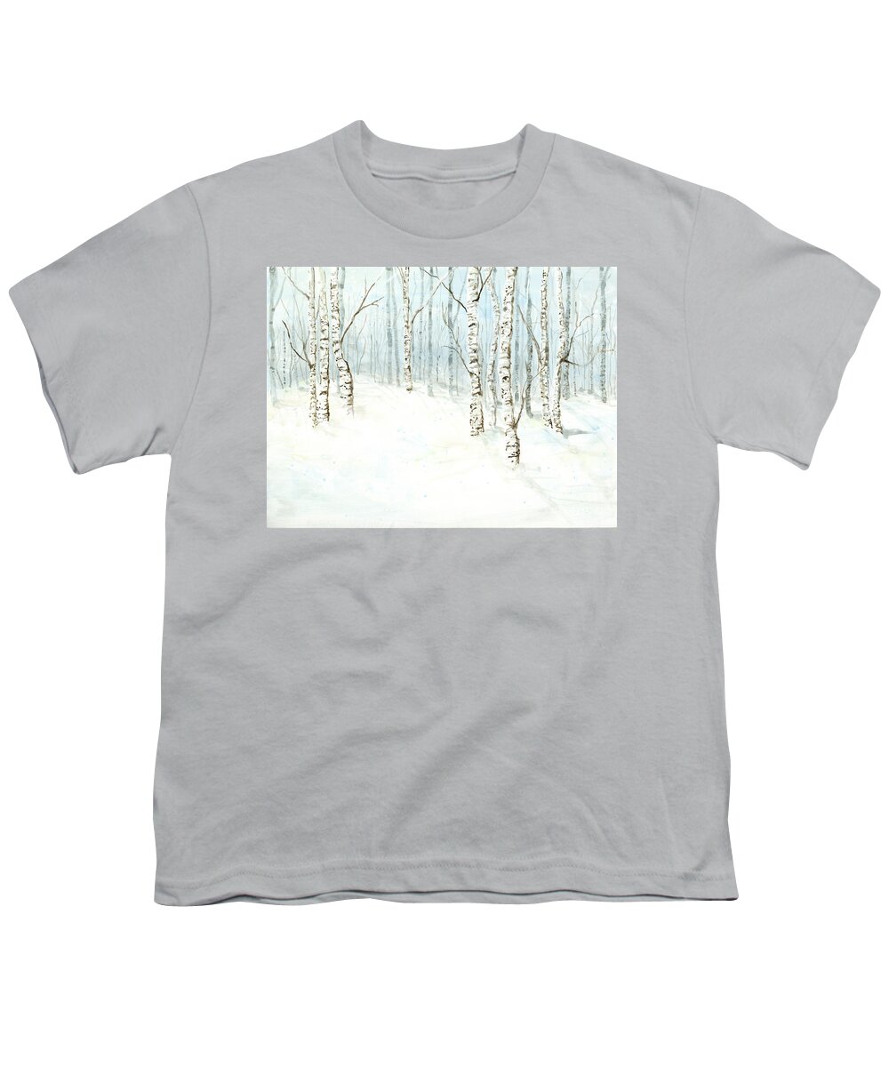 Birch Forest Youth T-Shirt featuring the painting Birch Aspen Forest in Winter Snow by Audrey Jeanne Roberts