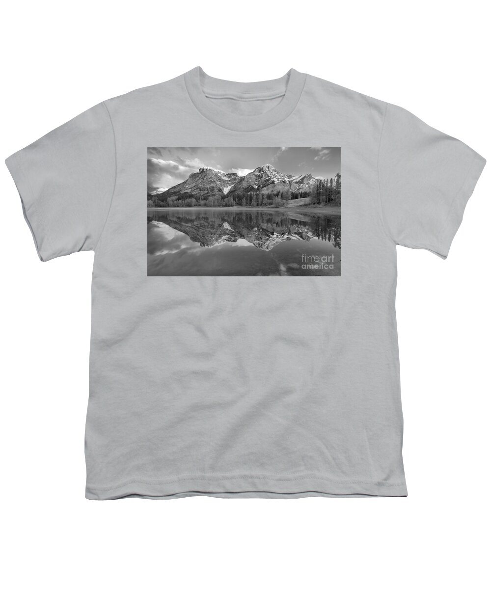 Wedge Pond Youth T-Shirt featuring the photograph Early Morning Kananaskis Reflections Black And White by Adam Jewell