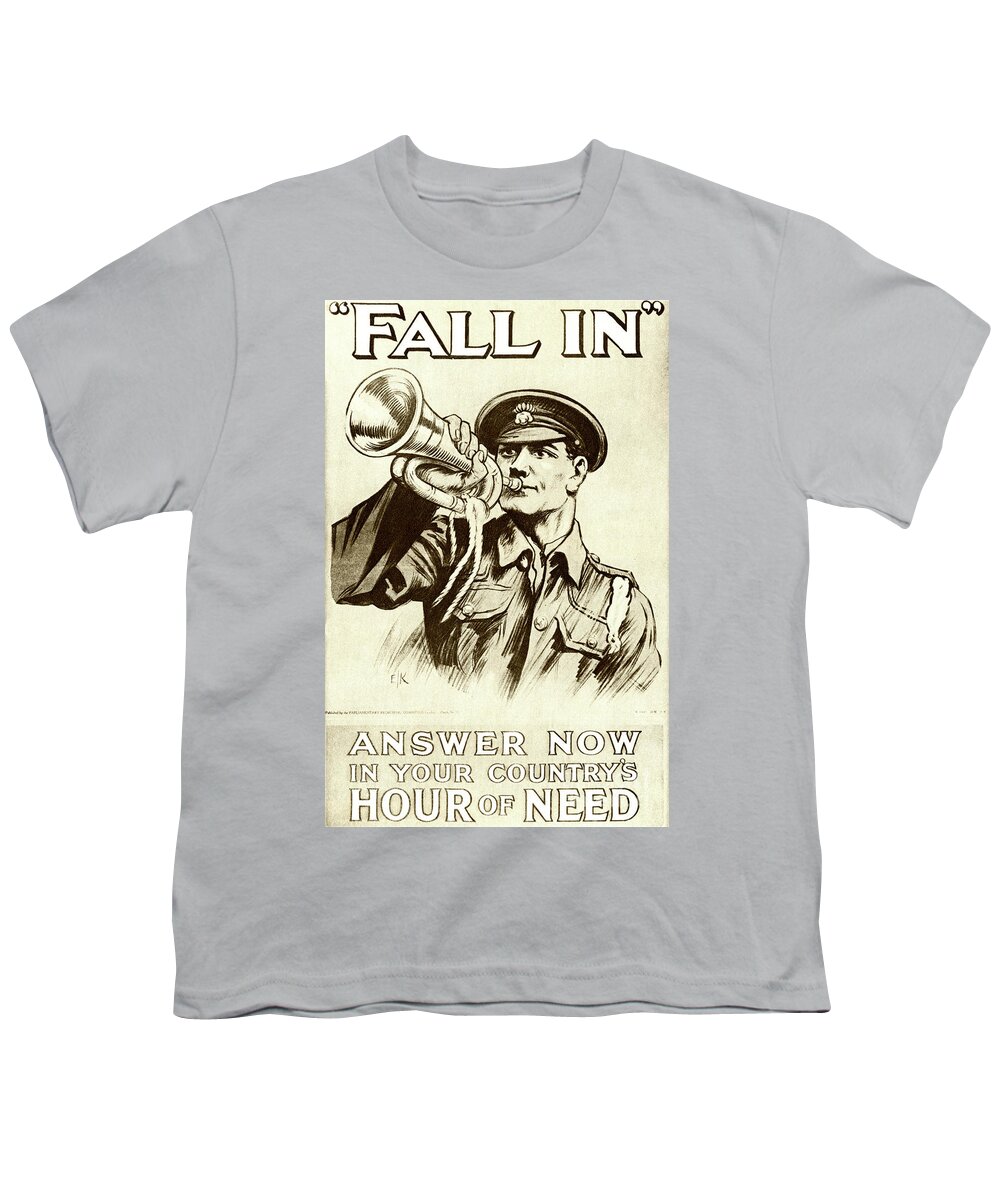 Ww1 Youth T-Shirt featuring the drawing Fall In Recruitment poster for the British army in the First World War, 1915 by English School