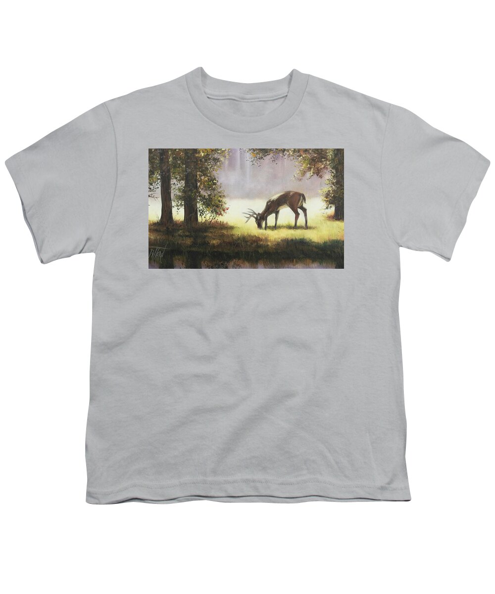 Grazing Deer Youth T-Shirt featuring the painting Grazing deer by Lynne Pittard