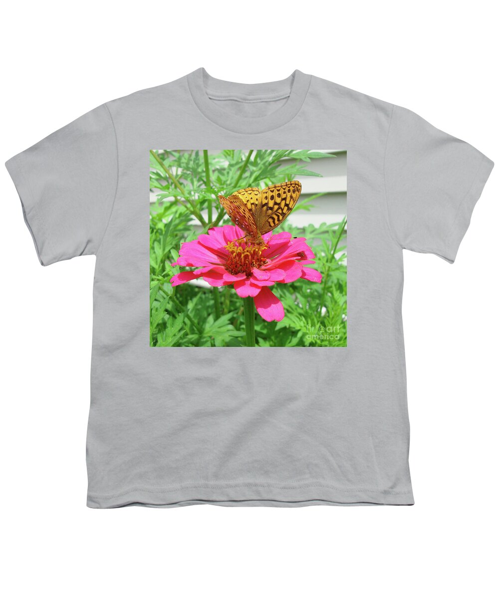Great Spangled Fritillary Youth T-Shirt featuring the photograph Great Spangled Fritillary and Zinnia 1 by Amy E Fraser
