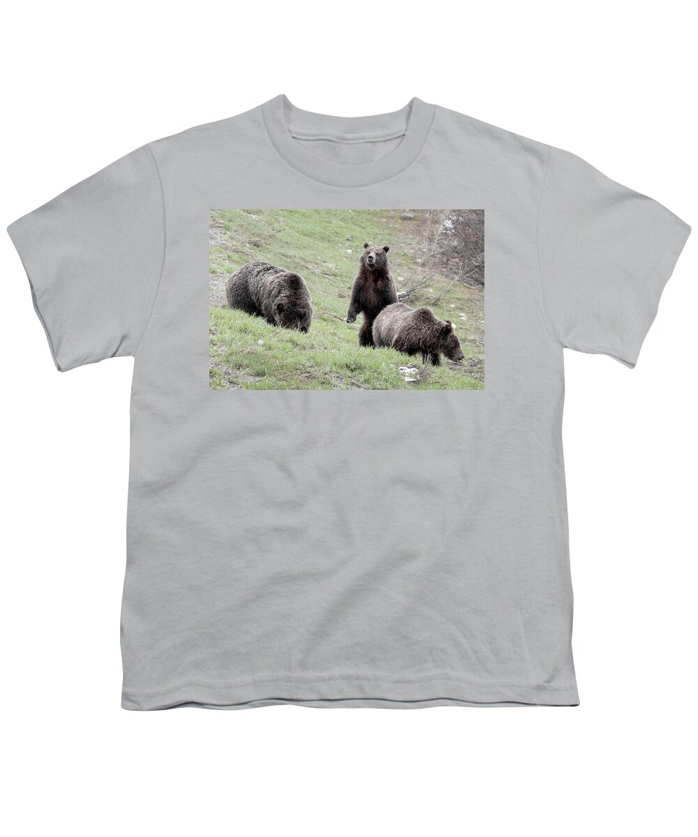 Grizzly Youth T-Shirt featuring the photograph Grizzly 610 and cubs by Ronnie And Frances Howard