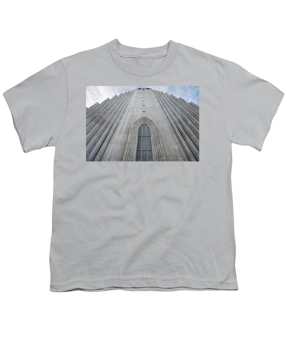 Iceland Youth T-Shirt featuring the photograph Hallgrimskirkja facade and bell tower in Reykjavik by RicardMN Photography