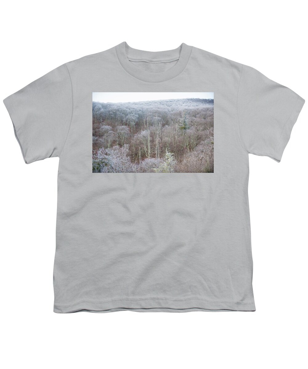 Blue Ridge Youth T-Shirt featuring the photograph Hoarfrost in the Tree Tops by Mark Duehmig