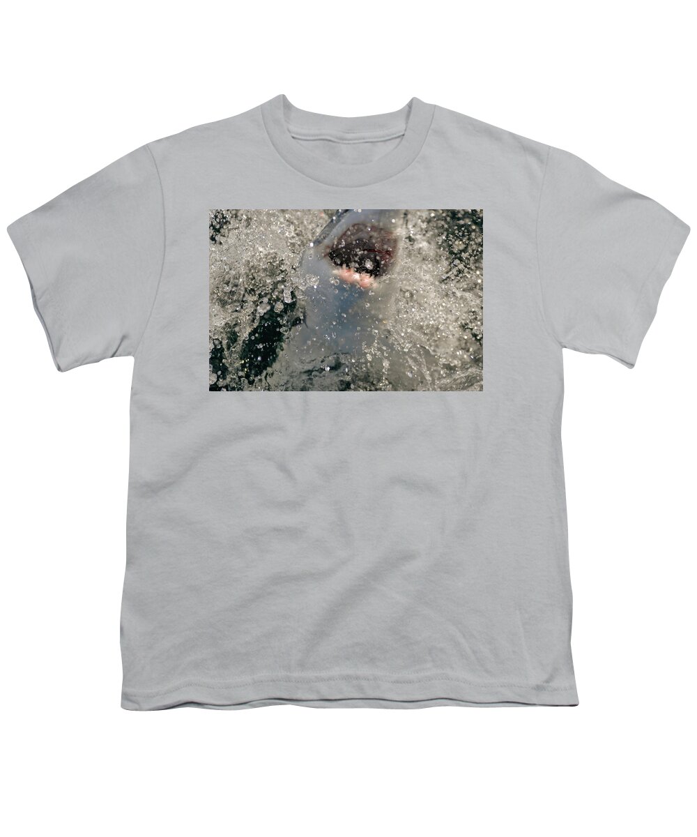 Mako Youth T-Shirt featuring the photograph Hooked Mako Shark coming out of water by David Shuler