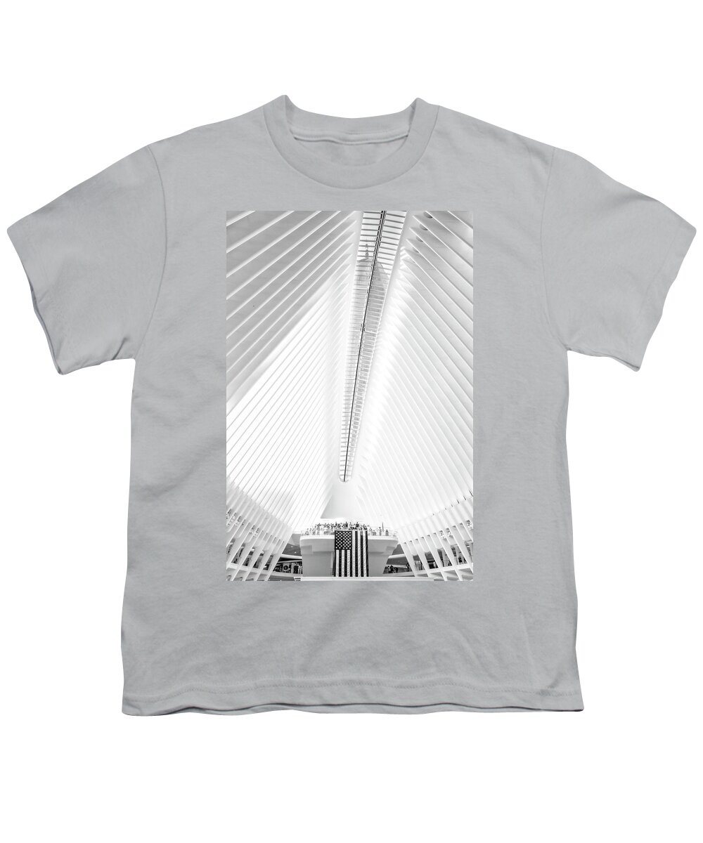 Wtc Youth T-Shirt featuring the photograph Oculus World Trade Center USA BW by Susan Candelario