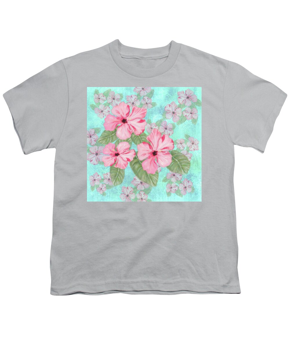 Pink Youth T-Shirt featuring the digital art Pink Hibiscus Print on Aqua by Sand And Chi