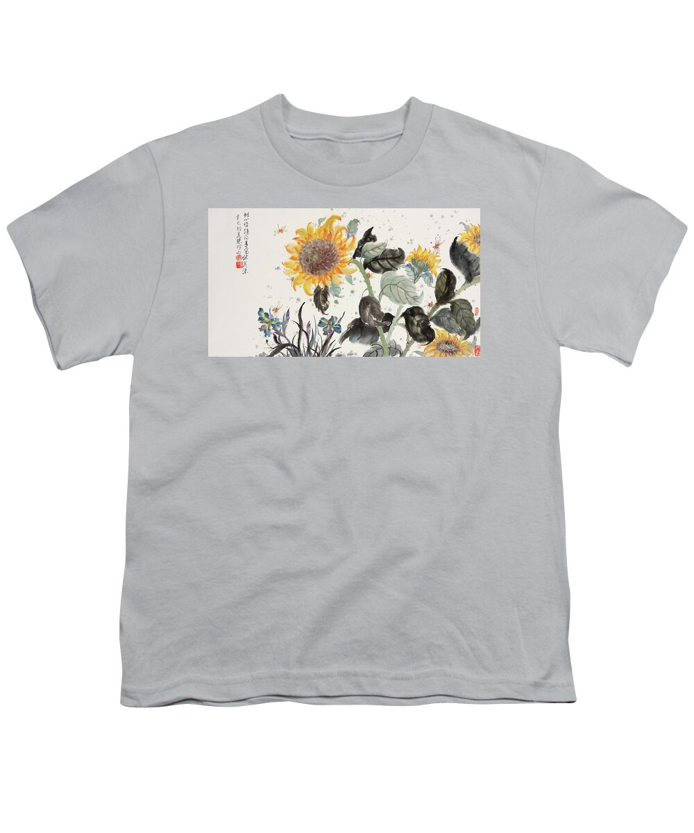 Chinese Watercolor Youth T-Shirt featuring the painting Sunflower and Dragonfly by Jenny Sanders