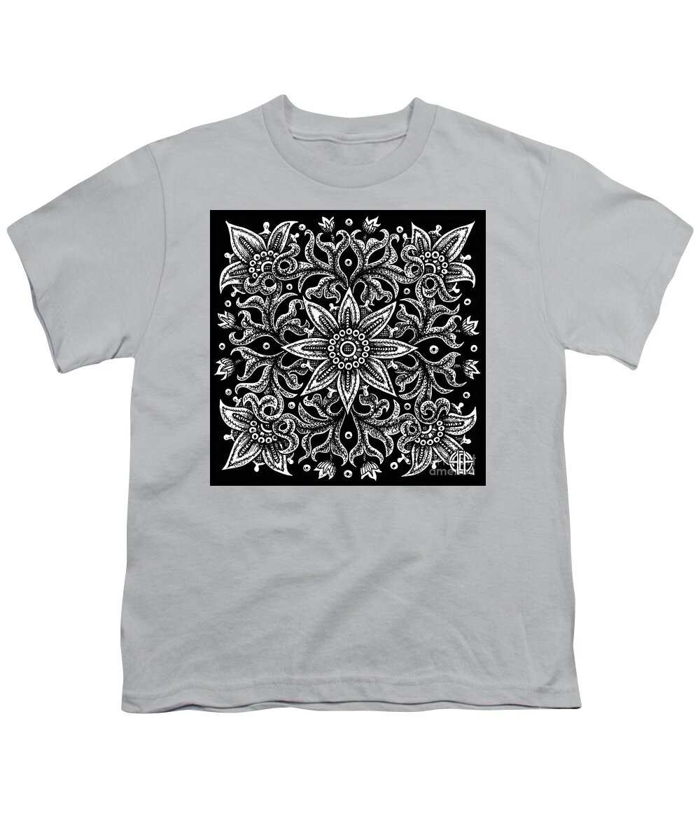 Boho Youth T-Shirt featuring the drawing Tapestry Square 21 Black and White by Amy E Fraser