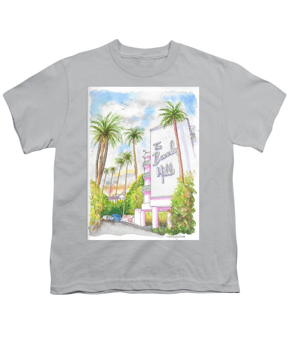 Hotel Youth T-Shirt featuring the painting The Beverly Hills Hotel in Sunset Blvd., Beverly Hills, California by Carlos G Groppa
