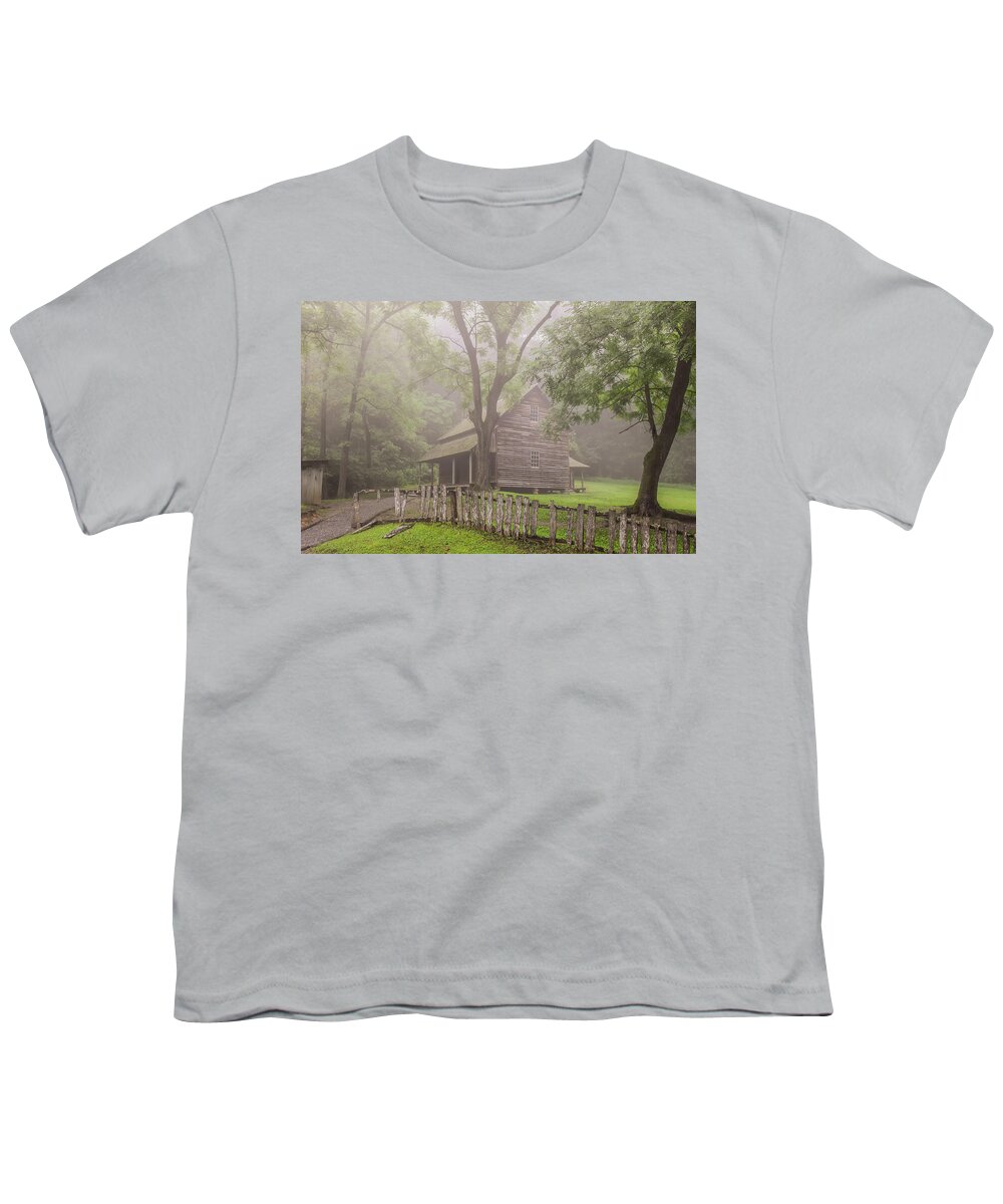 Cades Cove Youth T-Shirt featuring the photograph The Tipton Place on a Foggy Morning by Marcy Wielfaert