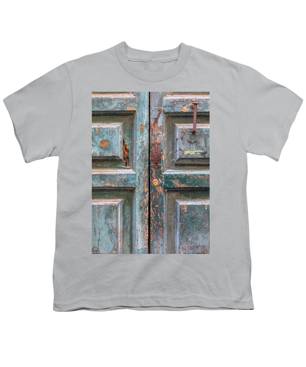 Cortona Youth T-Shirt featuring the photograph Weathered Rustic Green Door of Cortona by David Letts