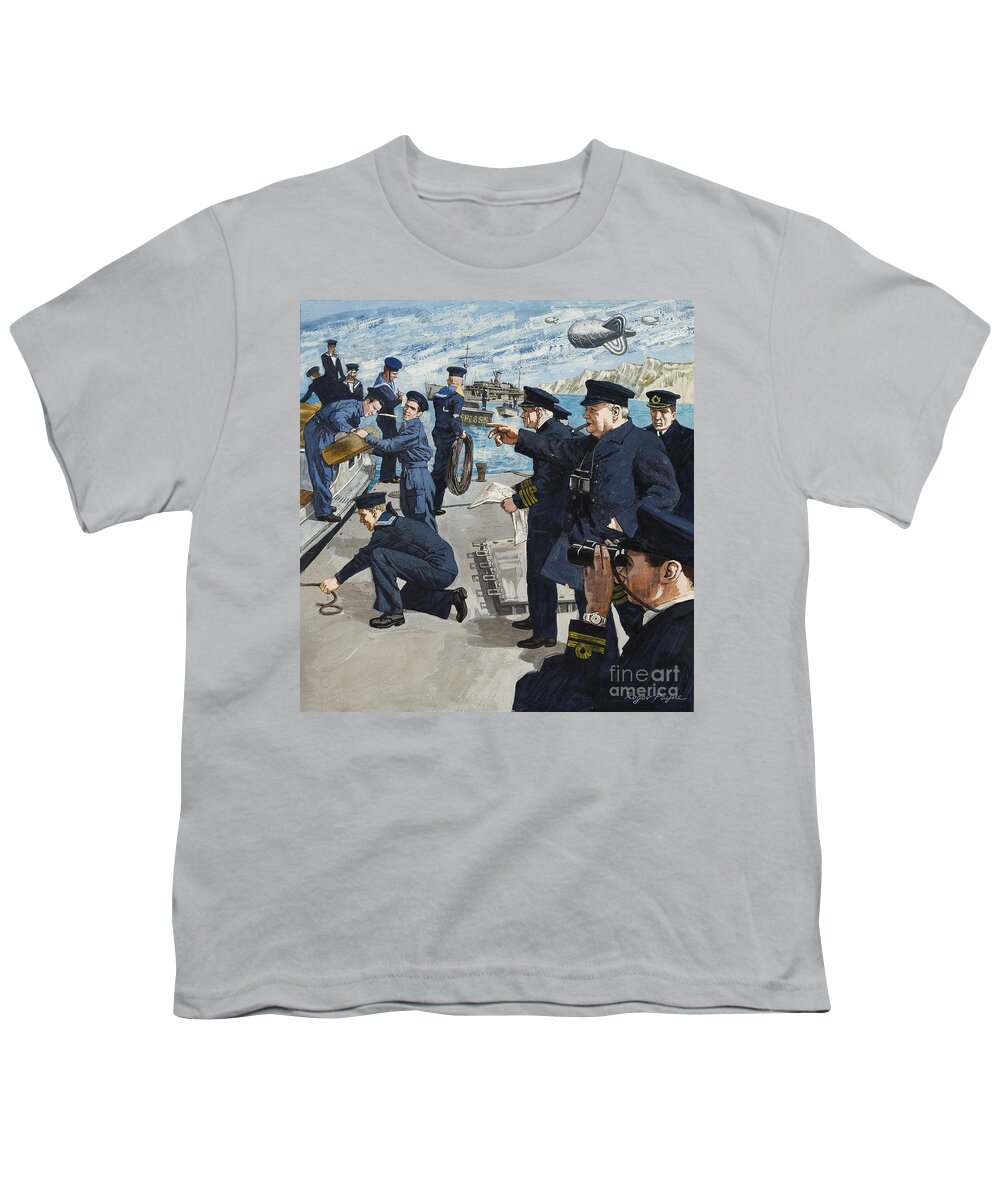 Winston Youth T-Shirt featuring the painting Winston Churchill In Naval Scene by Roger Payne