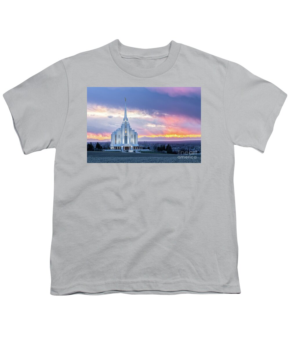Temple Youth T-Shirt featuring the photograph Rexburg Idaho Temple - After the Harvest #1 by Bret Barton