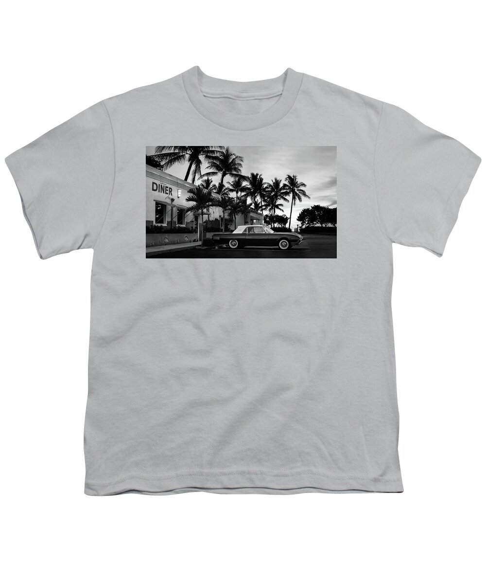 Palms Youth T-Shirt featuring the photograph 1950s Diner and T-Bird Bw by Laura Fasulo