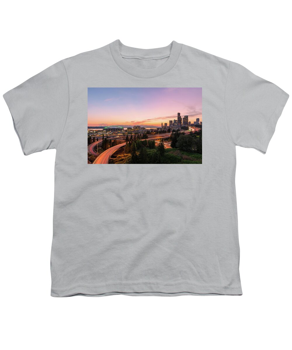 Outdoors; Sunset; Colors; Summer; Seattle; Downtown; Stadium; Elliot Bay; Jose Rizal Bridge; Dr. Jose Rizal Youth T-Shirt featuring the digital art Sunset from Seattle's Jose Rizal Bridge #3 by Michael Lee