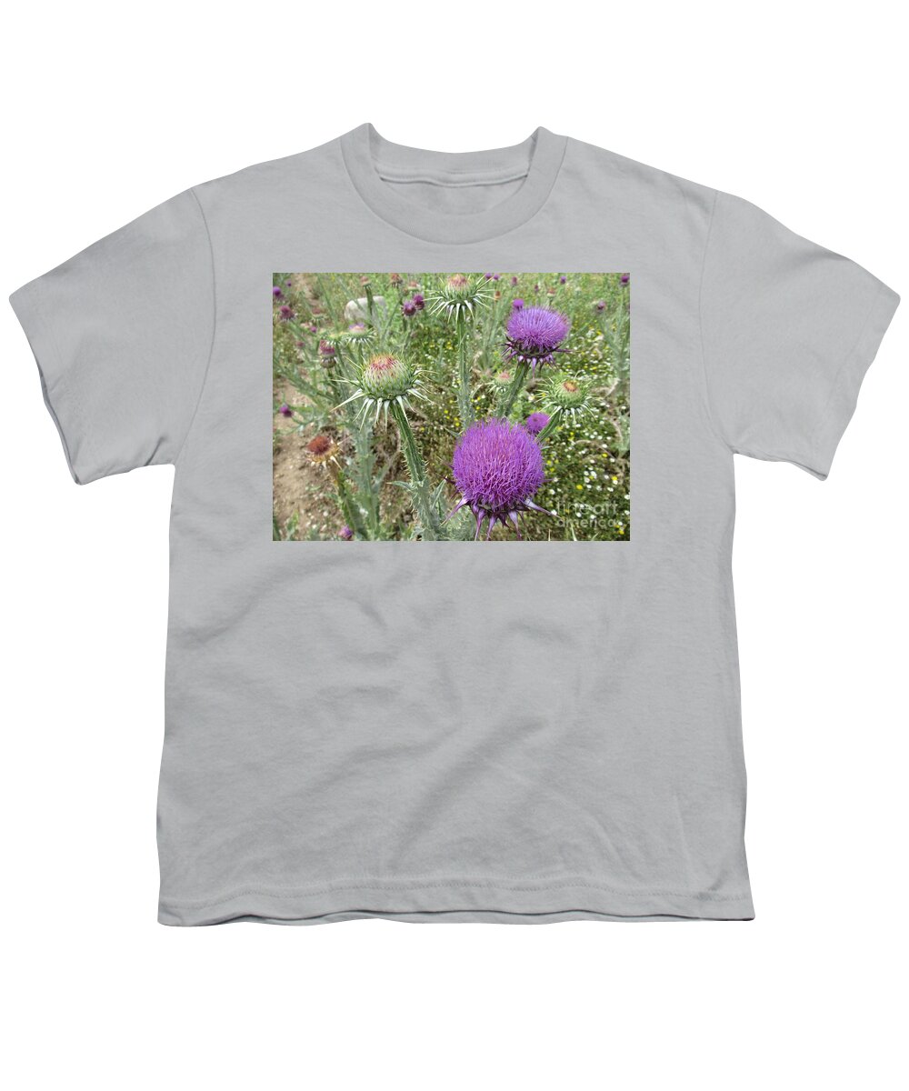 Path Youth T-Shirt featuring the photograph Thistle flowers along our path near Valle de Abdalajis #2 by Chani Demuijlder