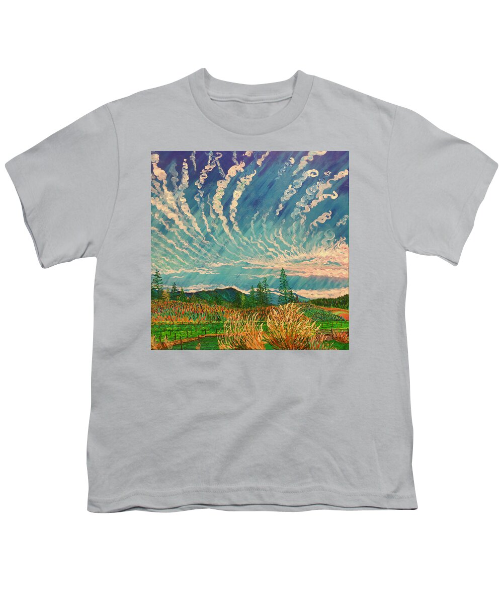 Vineyard Youth T-Shirt featuring the painting Tranquility on Lone Pine Ridge. Booneville, California. by ArtStudio Mateo