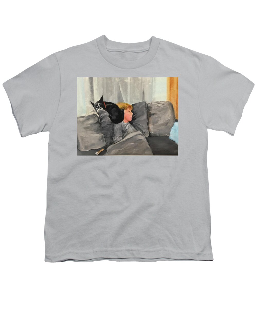 Boy With Dog Youth T-Shirt featuring the painting After the party by Ellen Canfield