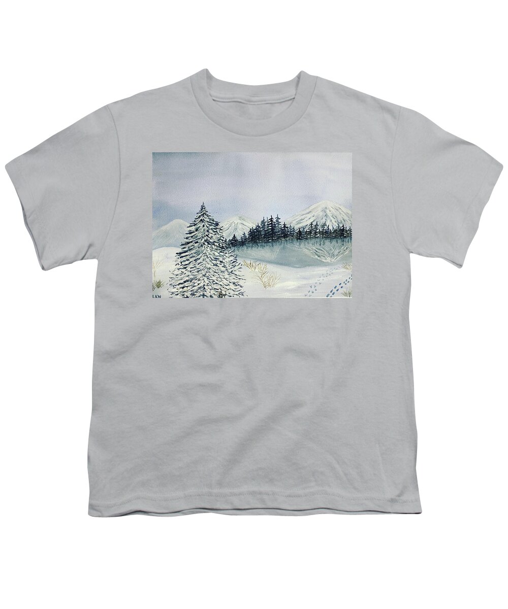 Winter Youth T-Shirt featuring the painting Winter Tree and Mountains by Lisa Neuman