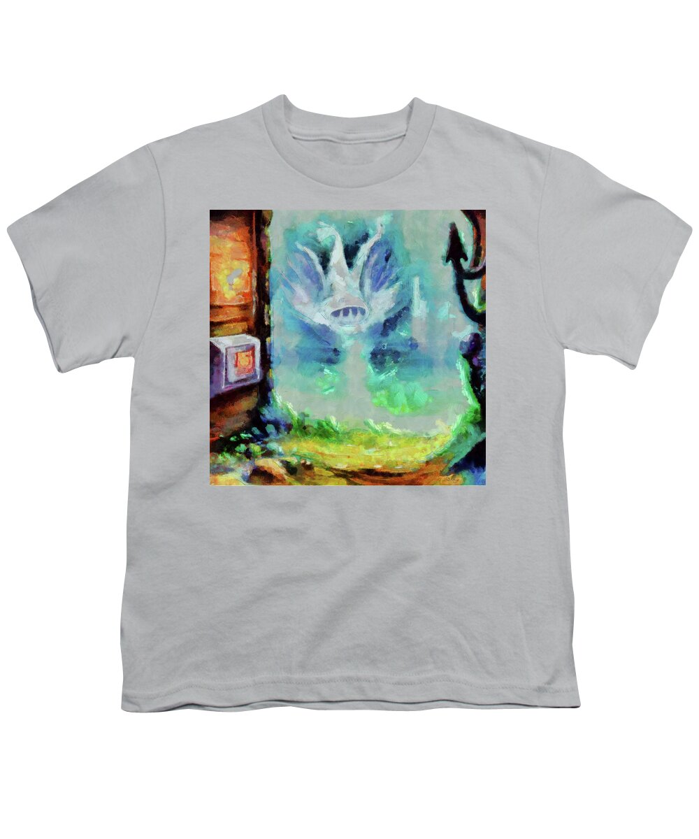 Atlantis Youth T-Shirt featuring the painting Atlantis Sea Monsters mermaids sea wreck on the ocean floor with trident and mechanical instruments by MendyZ