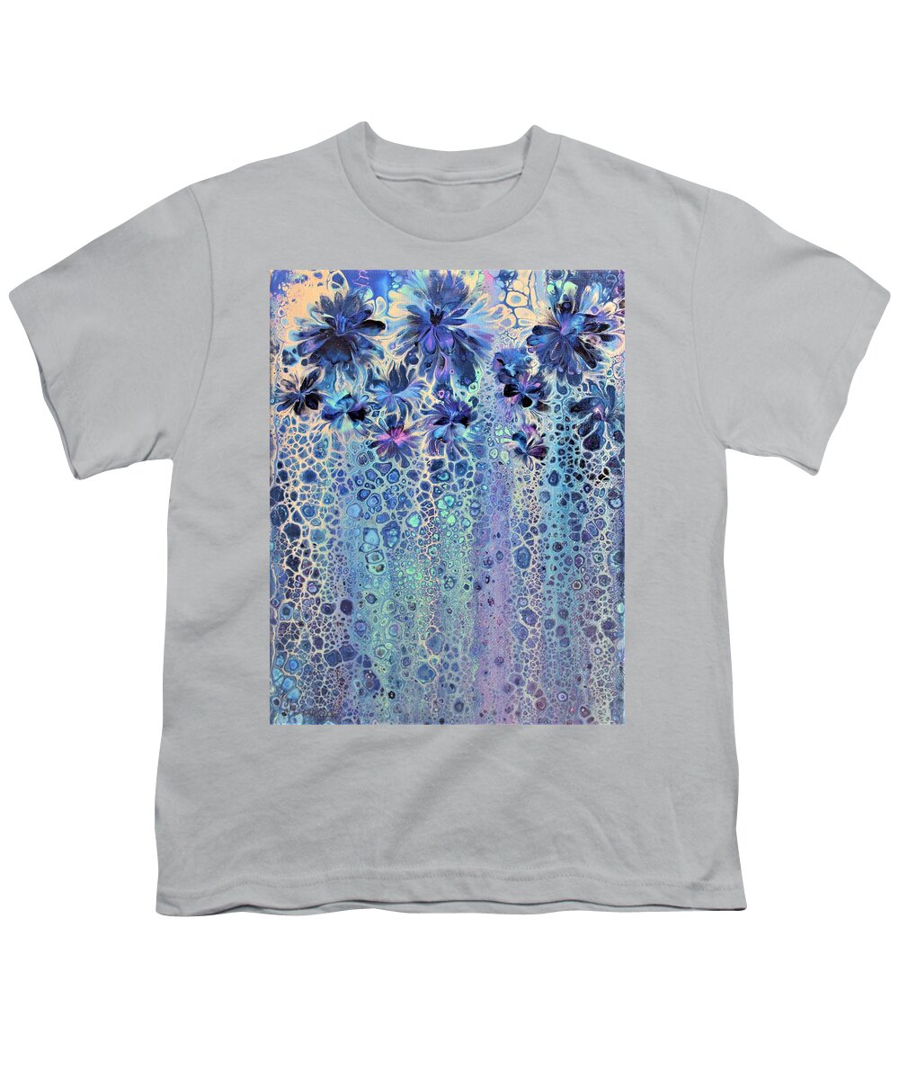 Wall Art Wall Décor Abstract Blue Silver And Blue Art For Sale Acrylic Painting Abstract Painting Flowers Abstract Flowers Blue Flowers Gift Idea Perfect Print Waterfall Of Flowers And Jewels Youth T-Shirt featuring the painting Waterfall of flowers and jewels by Tanya Harr
