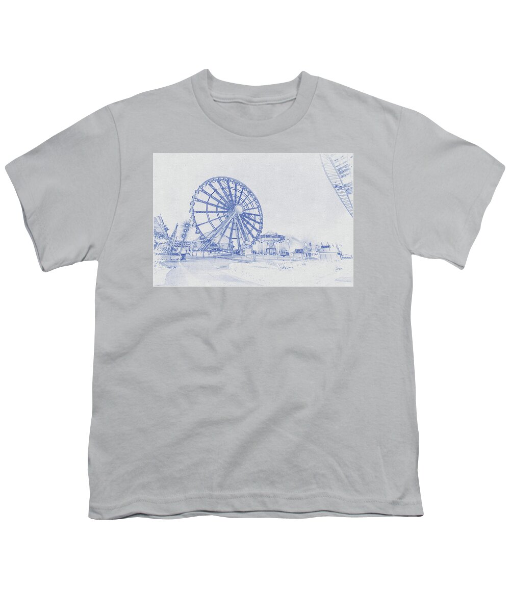 Oil On Canvas Youth T-Shirt featuring the digital art Blueprint drawing of Chicago Skyline, Illinois, USA - 28 by Celestial Images