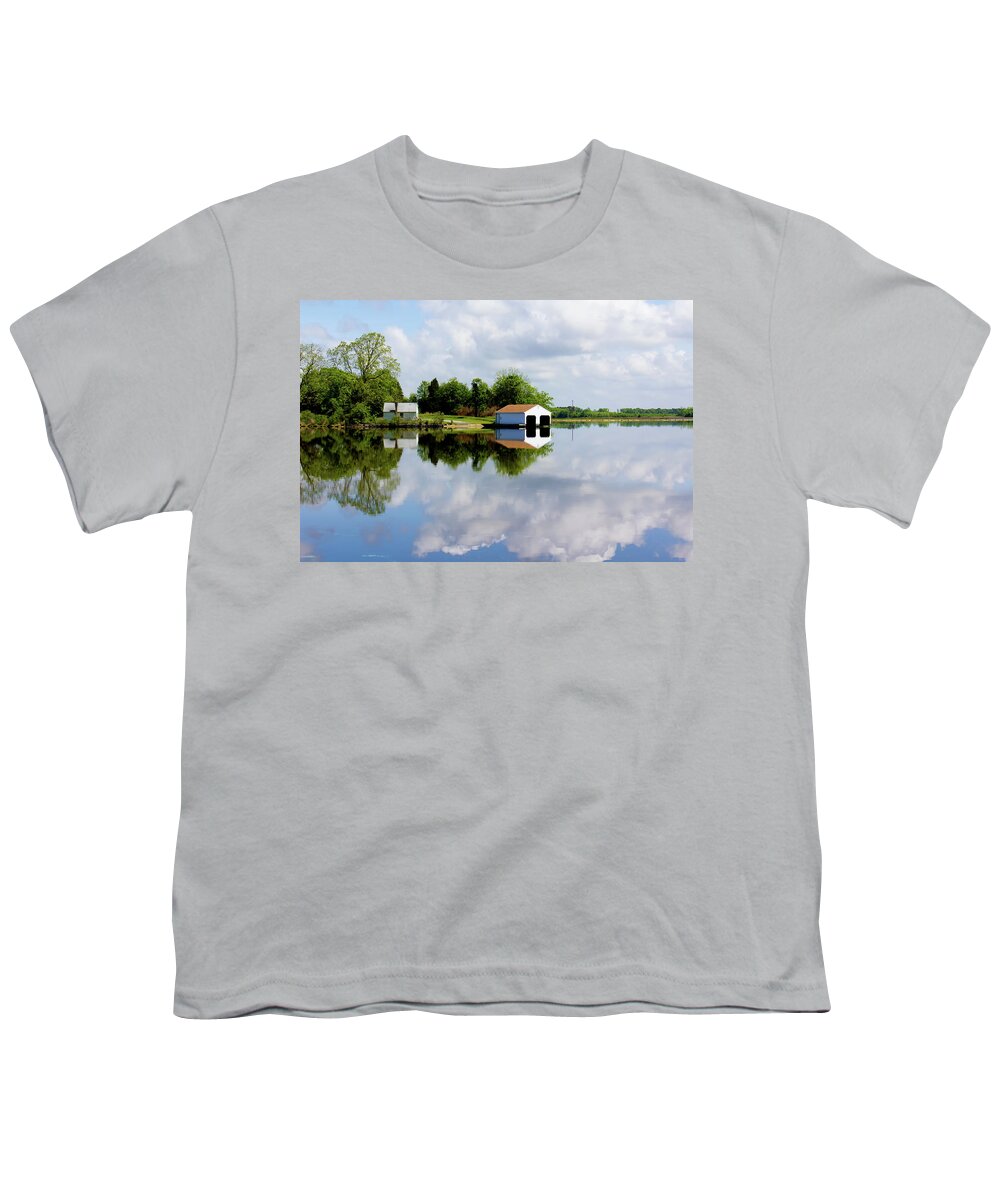 Blackwater River Youth T-Shirt featuring the photograph Boathouse Reflected in River on a Beautiful Day by Charles Floyd