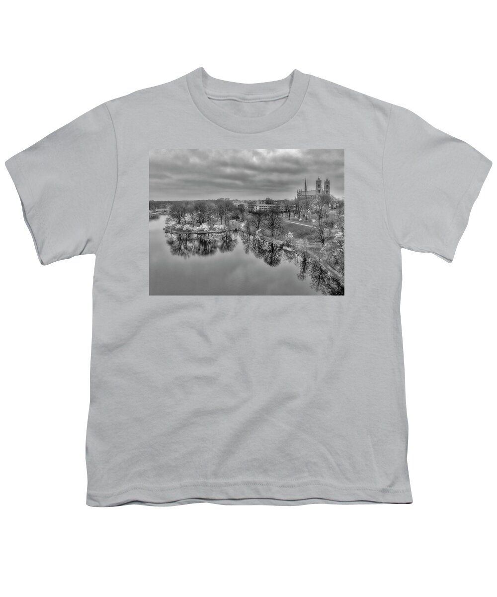 Cherry Blossoms Youth T-Shirt featuring the photograph Branch Brook Cherry Blossoms Aerial BW by Susan Candelario