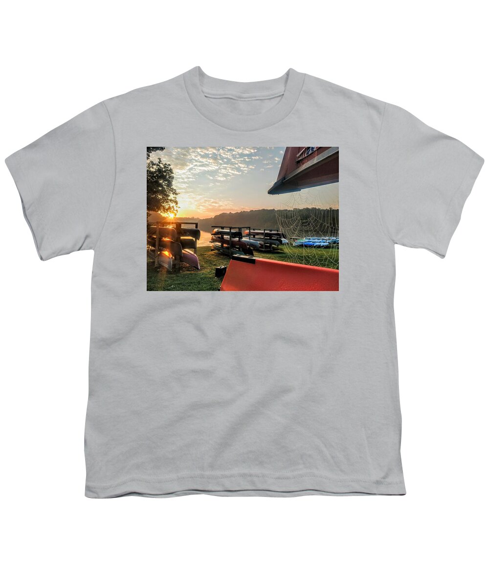  Youth T-Shirt featuring the photograph Canoes and Spiders at Dawn by Brad Nellis