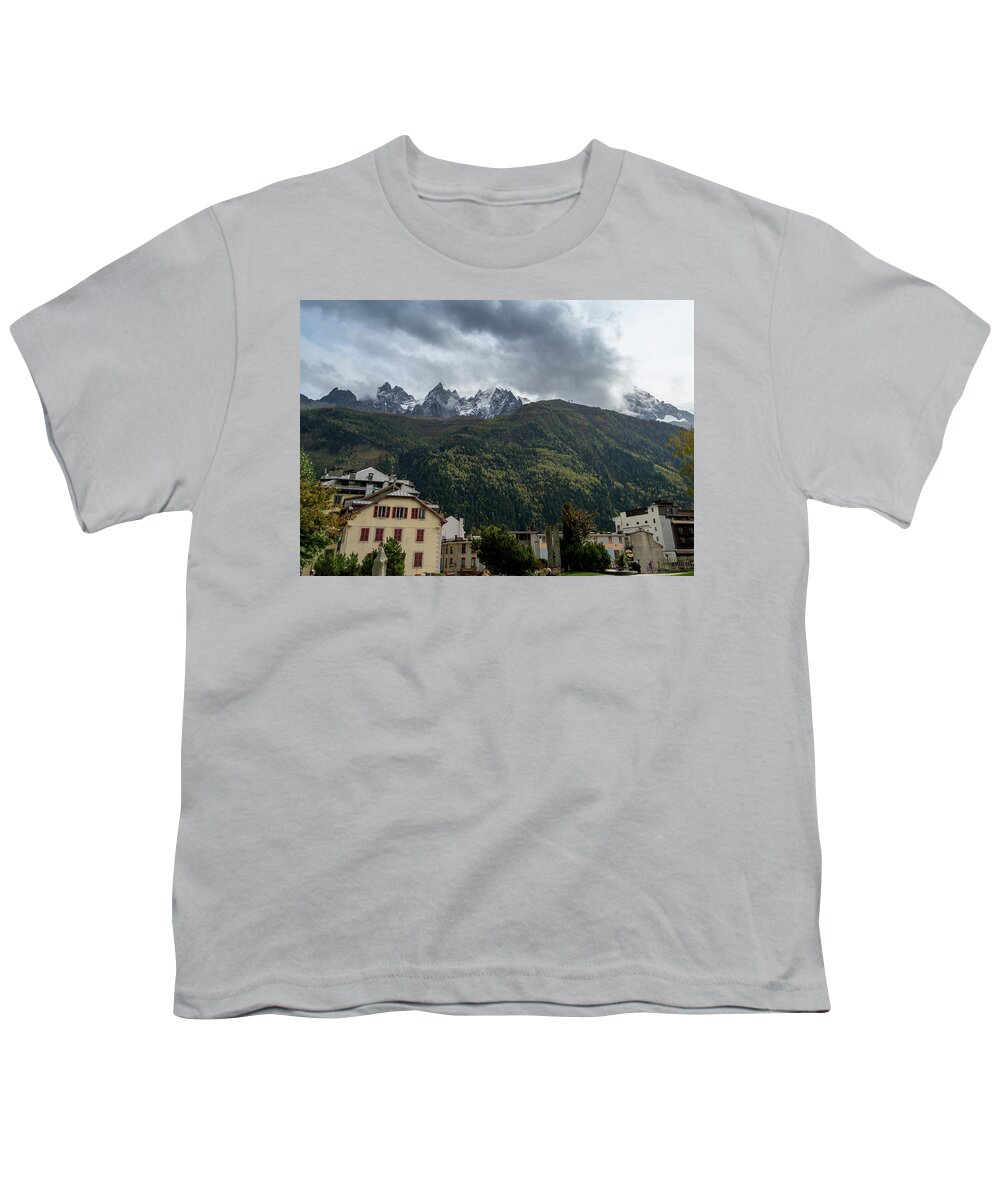 France Youth T-Shirt featuring the photograph Chamonix looking up to Mont Blanc by Andrew Lalchan