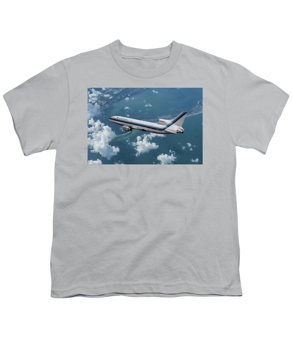 Eastern Airlines Youth T-Shirt featuring the mixed media Classic Eastern Airlines L-1011 over Florida Coastline by Erik Simonsen