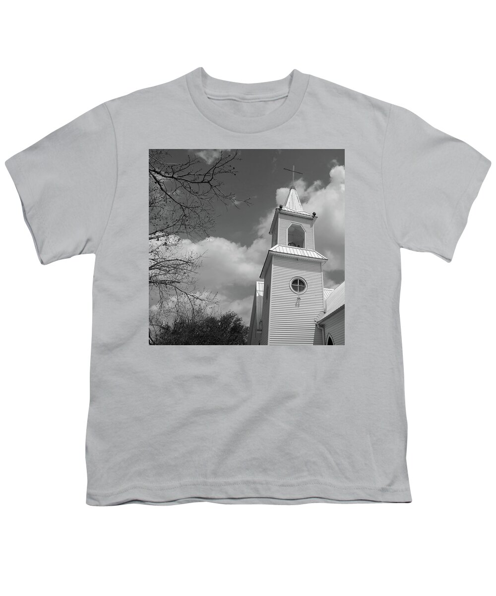 Bell Tower Youth T-Shirt featuring the photograph Classic White Steeple BW by Connie Fox