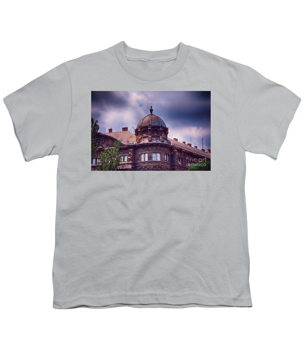Building Youth T-Shirt featuring the photograph Domed old building with dark blue stormy clouds by Mendelex Photography