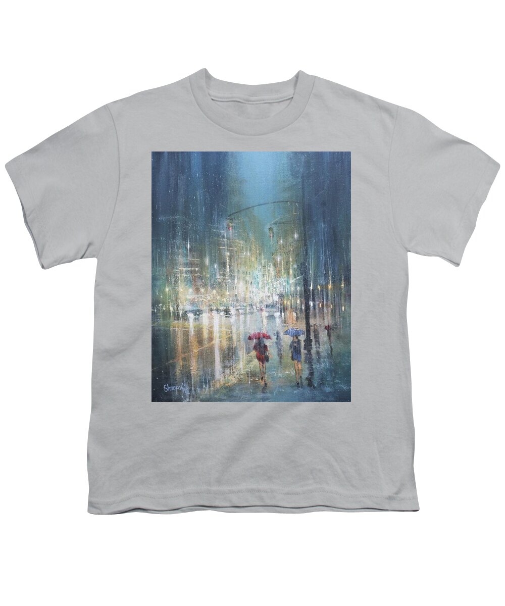  City Rain Youth T-Shirt featuring the painting Downpour Manhattan by Tom Shropshire