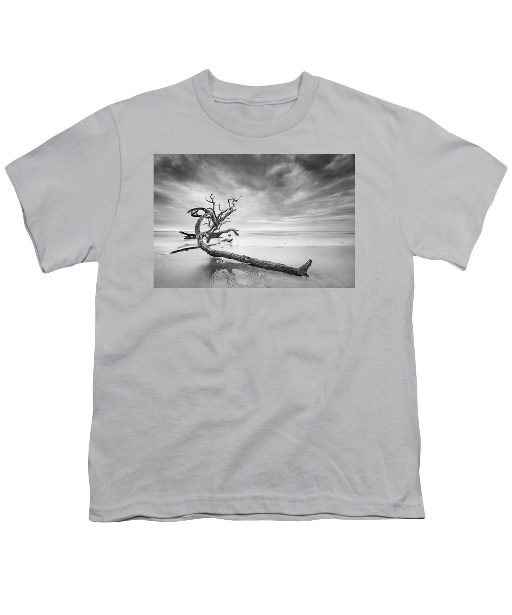 Driftwood Beach Youth T-Shirt featuring the photograph Driftwood In Black And White by Jordan Hill