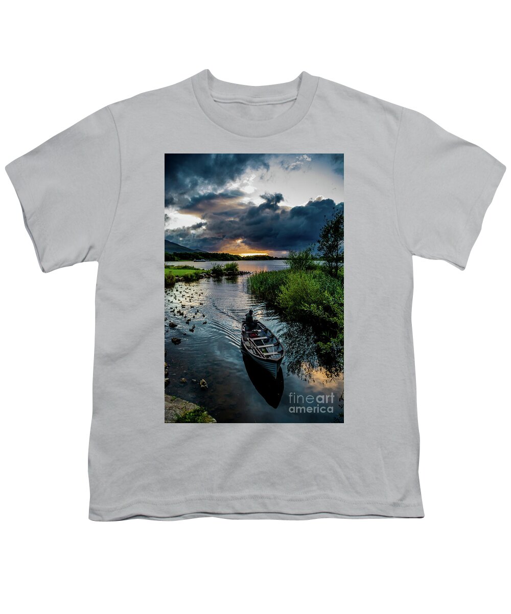 Ireland Youth T-Shirt featuring the photograph Fisher boat returns at sunset from Lough Leane in Killarney National Park in Ireland by Andreas Berthold