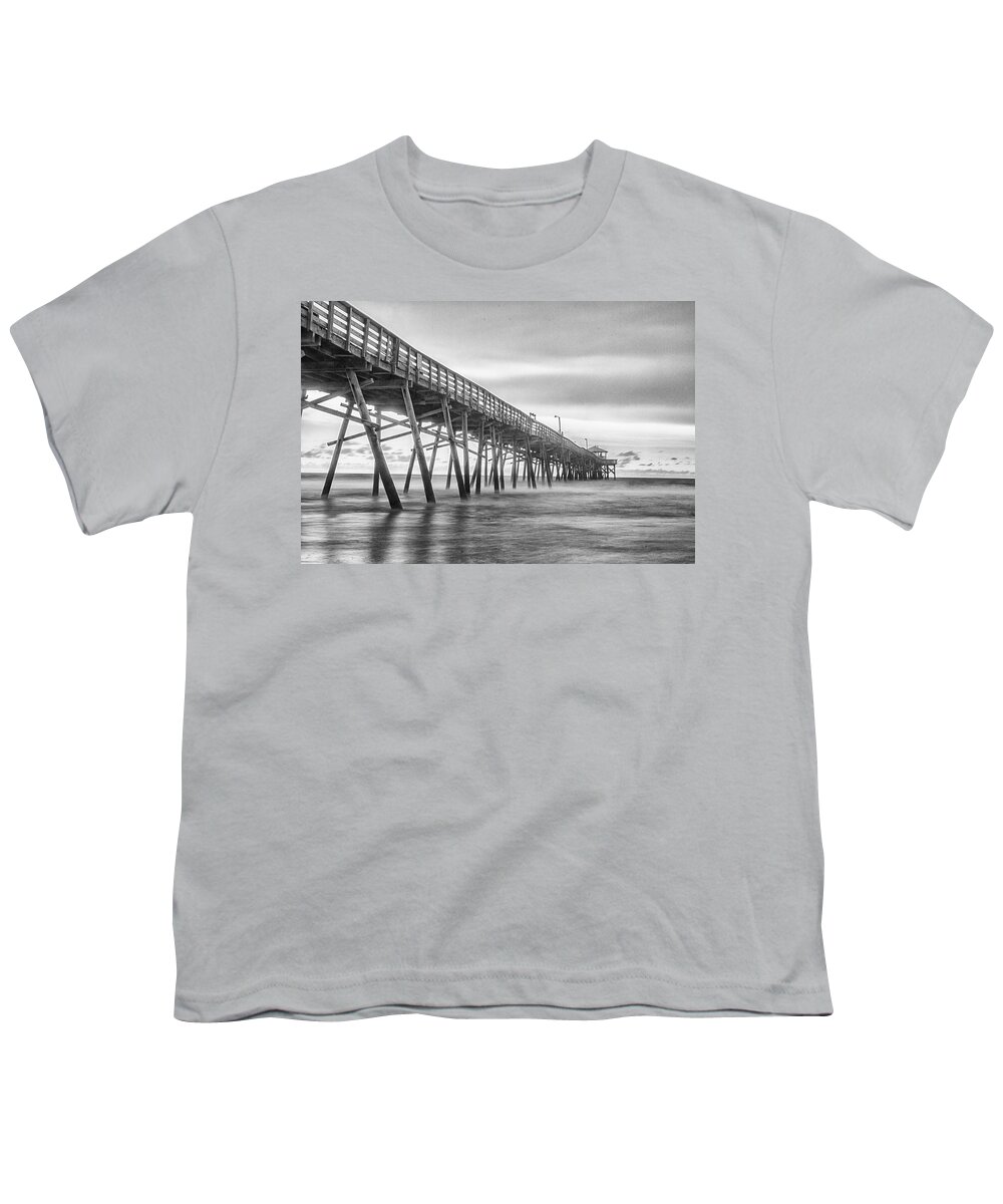 Fishing Pier Youth T-Shirt featuring the photograph Fishing Pier in Black and White - Atlantic Beach North Carolina by Bob Decker