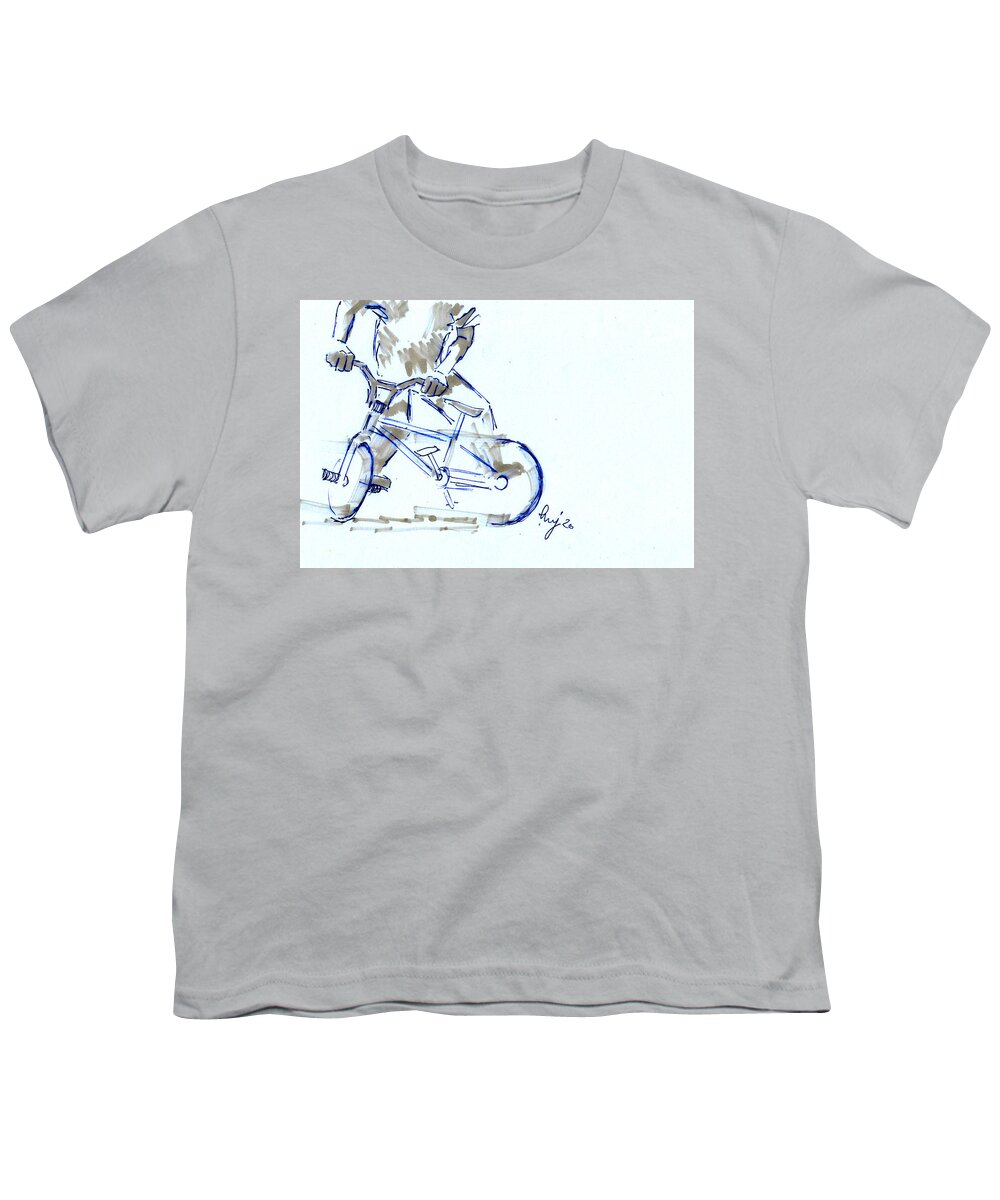  Youth T-Shirt featuring the drawing Flatland BMX halflash trick drawing by Mike Jory