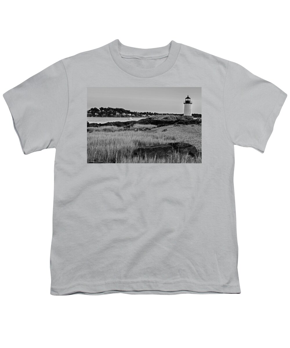 Salem Youth T-Shirt featuring the photograph Fort Pickering Light through the tall grass Salem MA Black and White by Toby McGuire