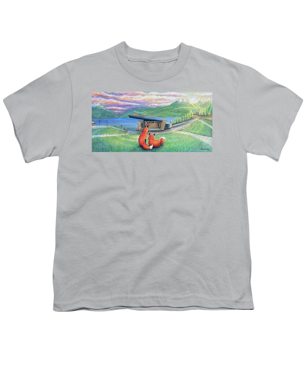 Dillon Youth T-Shirt featuring the painting Foxes at Lake Dillon Amphitheater by David Sockrider