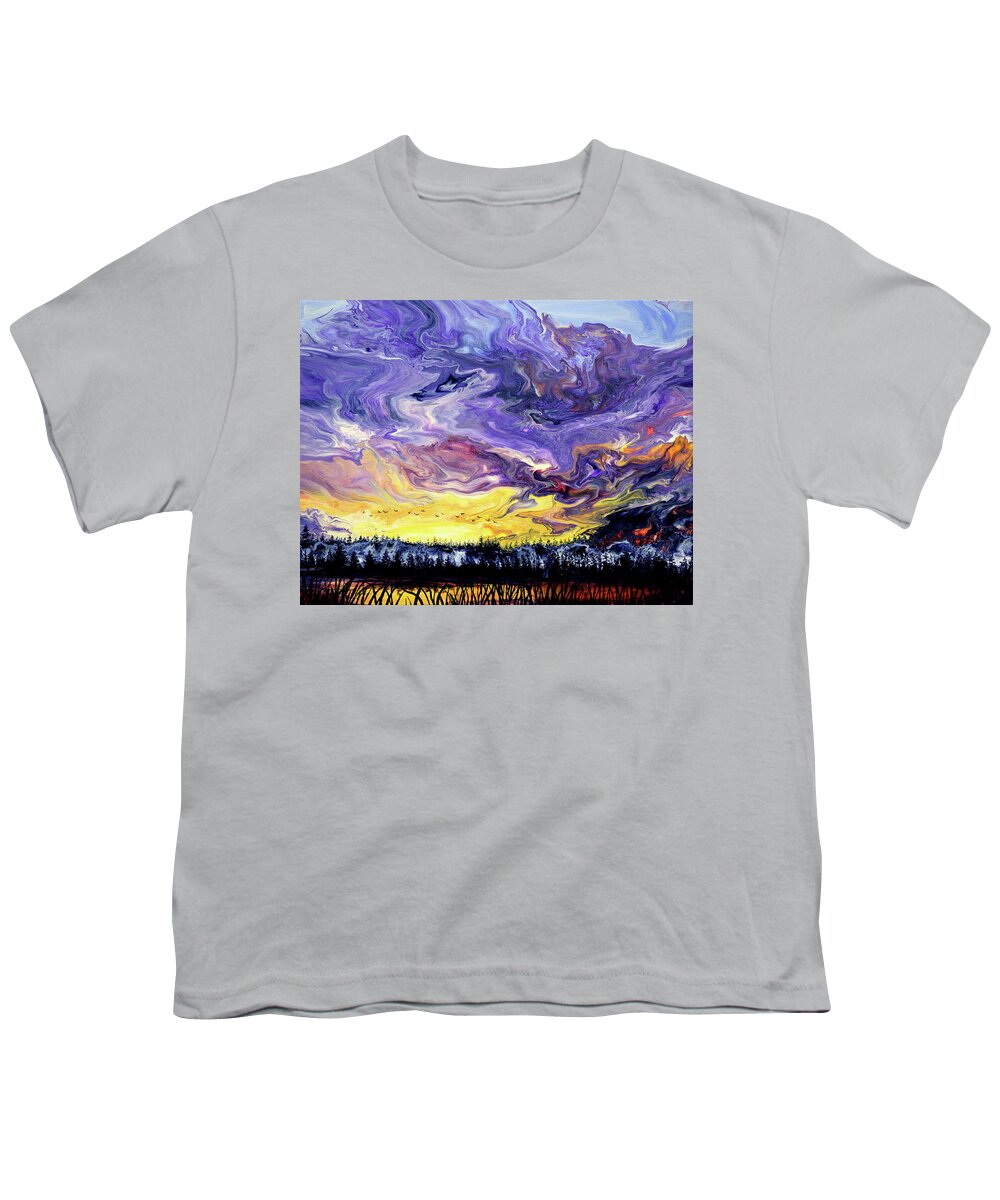 Geese Youth T-Shirt featuring the painting Geese Over a Wetlands Pond at Sunset by Laura Iverson