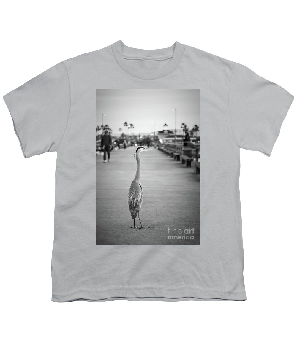 2010 Youth T-Shirt featuring the photograph Grey Heron Newport Pier Black and White Photo by Paul Velgos