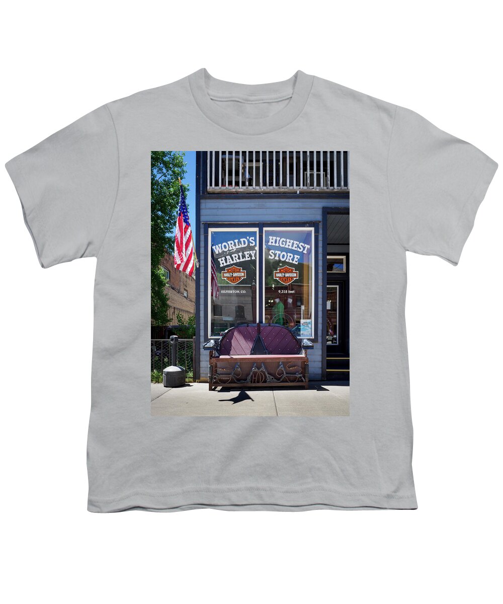 Harley Youth T-Shirt featuring the photograph Highest Harley Store in World Silverton Colorado by Mary Lee Dereske
