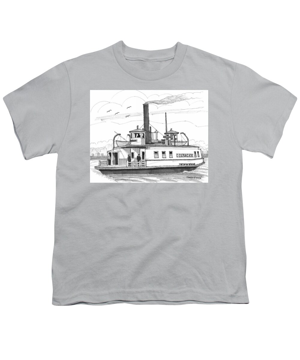 Coxsackie Youth T-Shirt featuring the drawing Hudson River Steam Ferry Boat Coxsackie by Richard Wambach